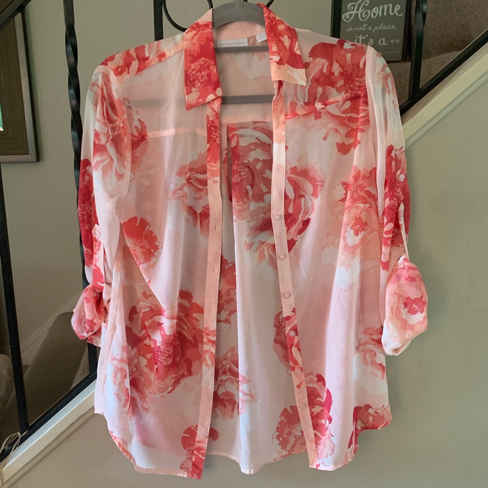New York & Company Pink Floral Sheer Blouse!
